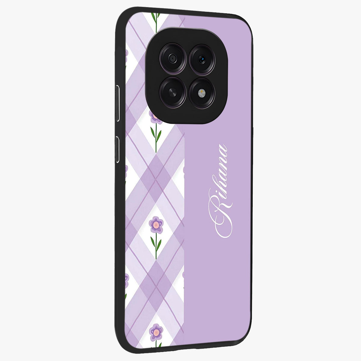 Purple Diamond Floral Glass Case upright view showcasing vibrant floral artwork with stylish geometric theme.