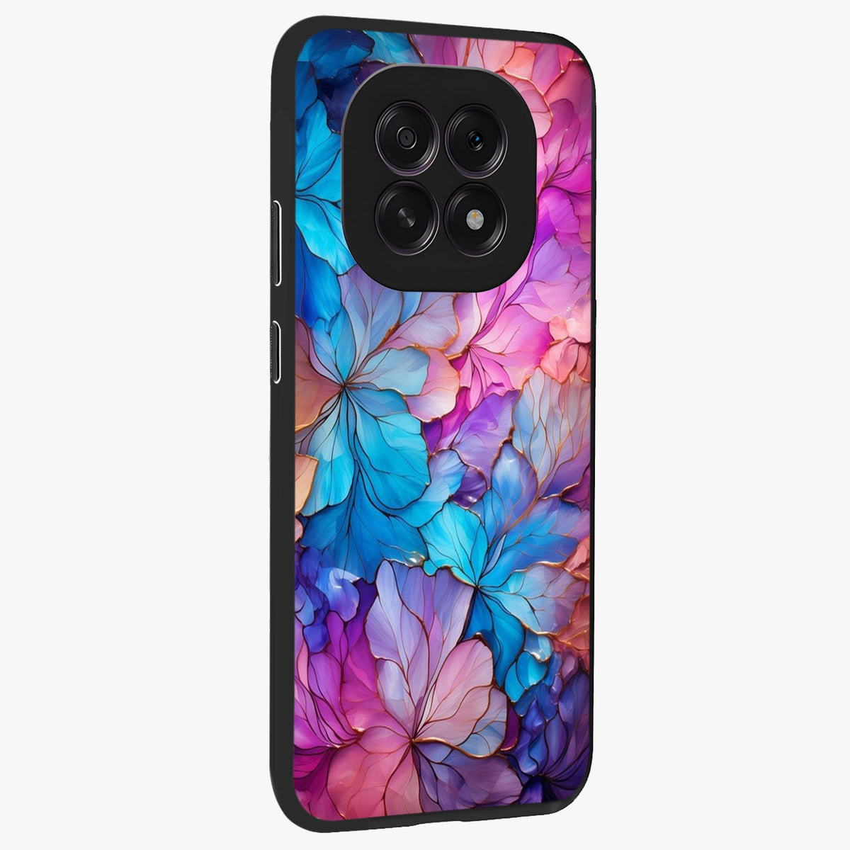Radiant Floral Whirl Glass Case upright view showcasing lively floral artwork with decorative swirl theme.