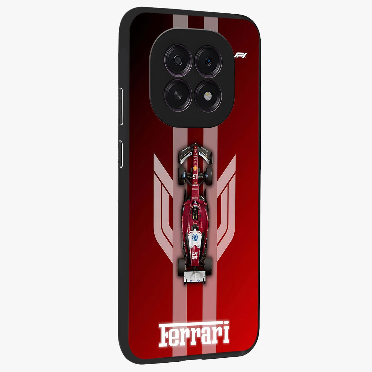 Red Ferrari F1 Vertical Glass Case upright view showcasing powerful Formula car artwork with dynamic motorsport theme.