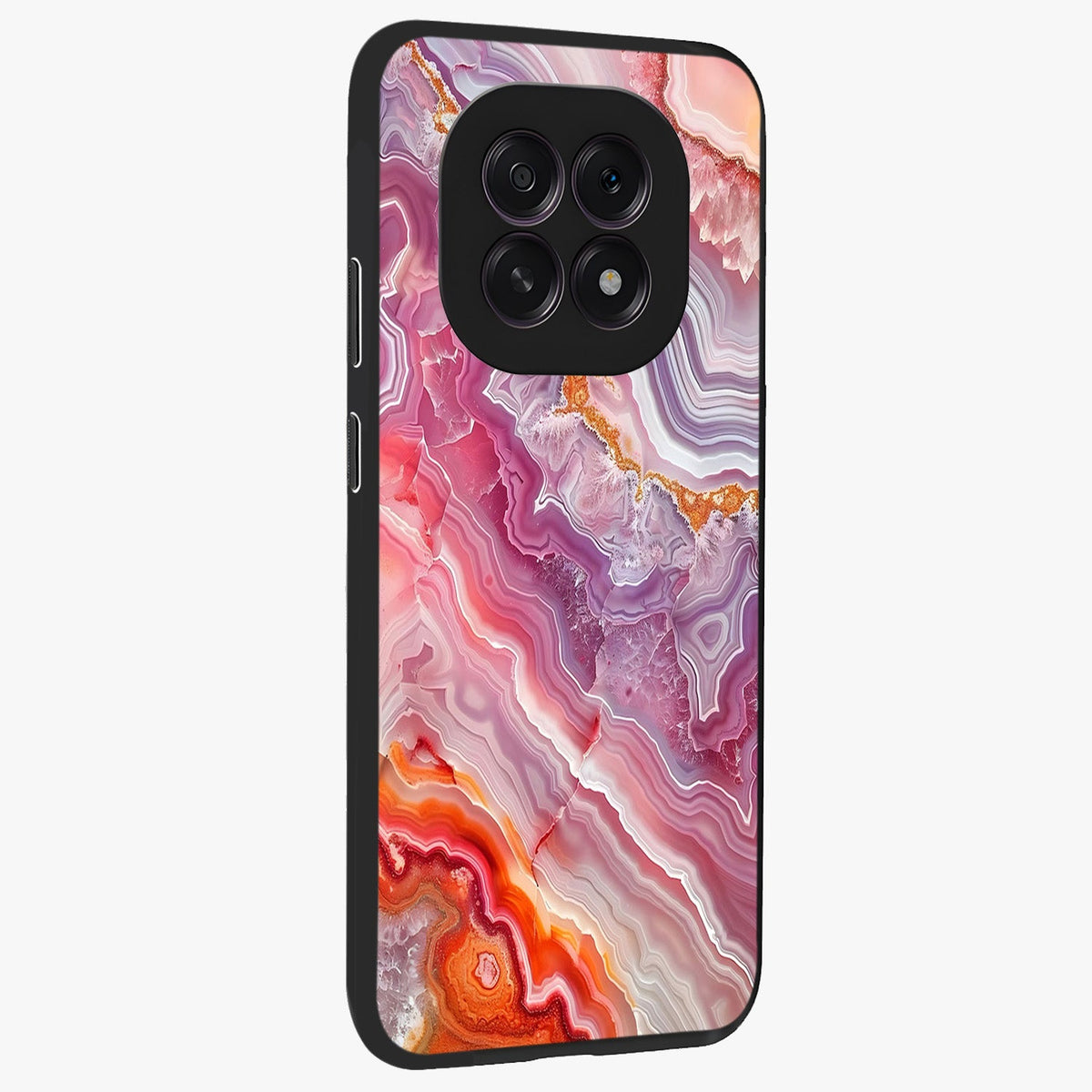 Rose Quartz Marble Glass Case upright view showcasing decorative marble artwork with luxurious pastel theme.