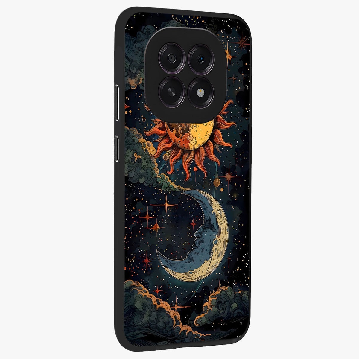 Sun And Moon Magic Design Glass Case upright view showcasing decorative sun and moon artwork with spiritual celestial theme.