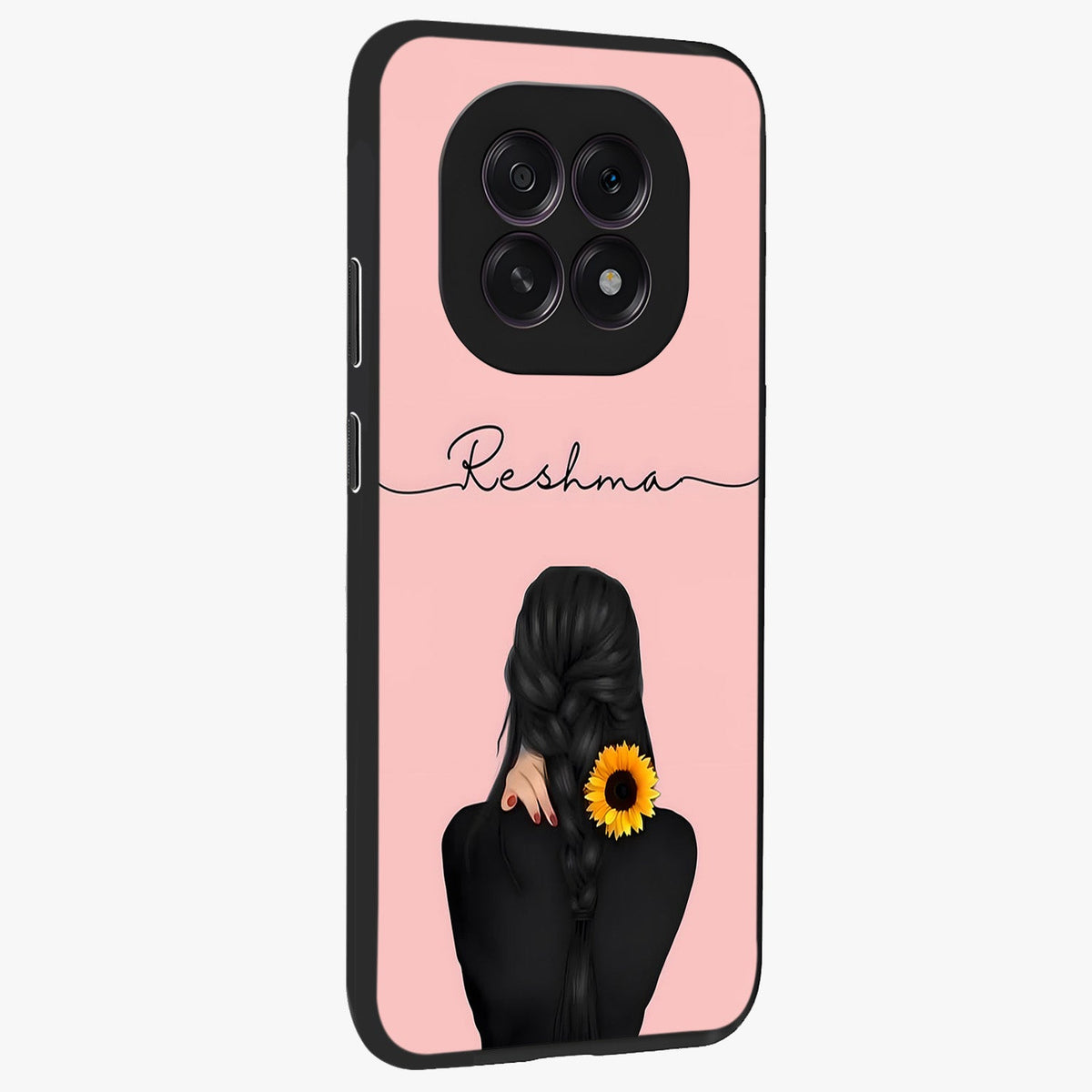 Sunflower Braid Beauty With Custom Name Glass Case upright view showcasing bright sunflower artwork with personalized floral aesthetic.