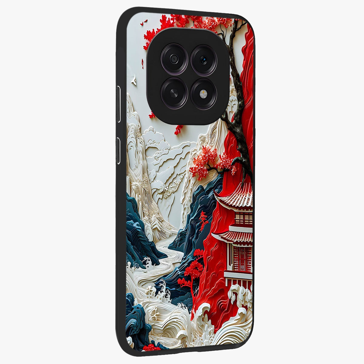 Whispers Of Sakura Waves Glass Case upright view showcasing delicate cherry blossom artwork with elegant nature theme.