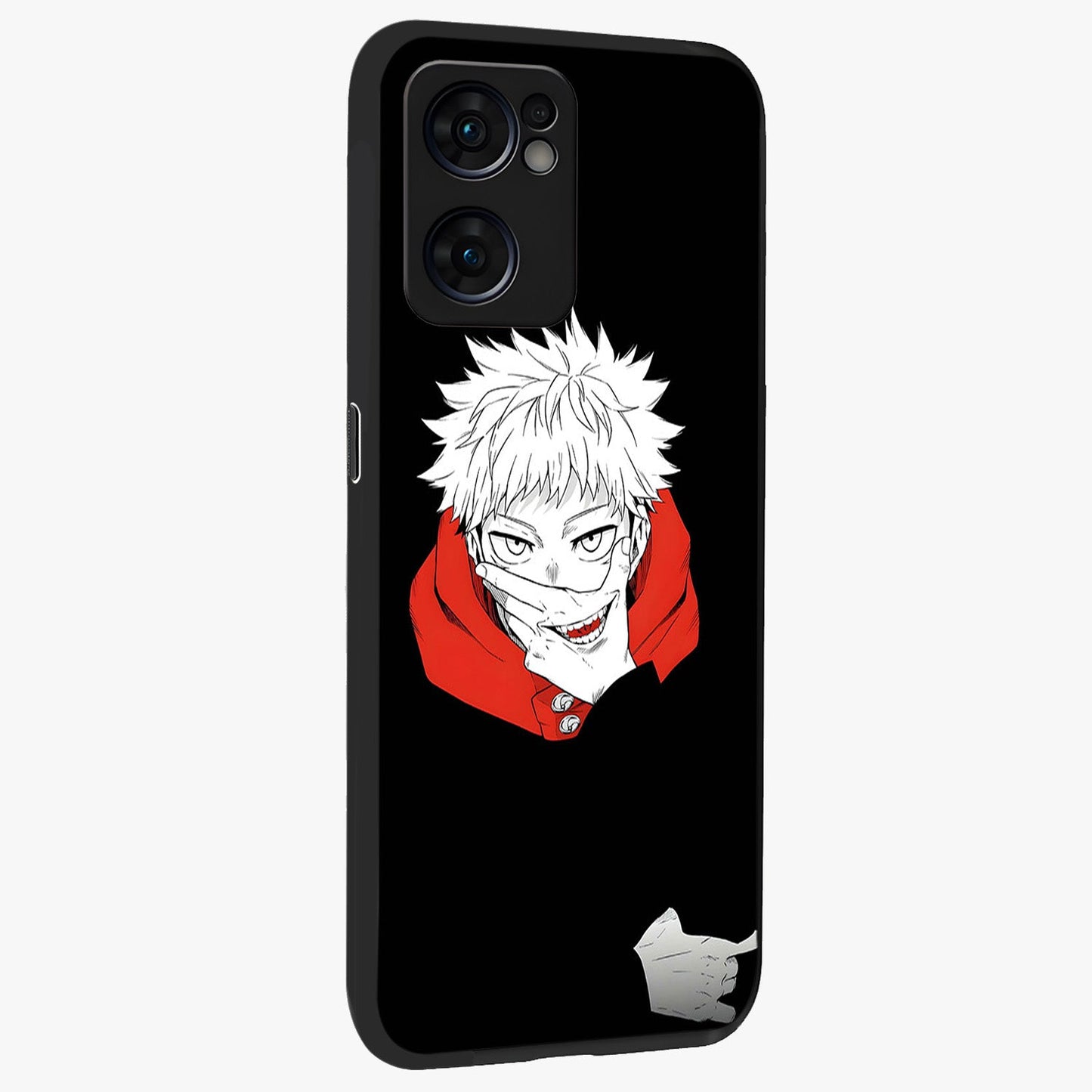 Crimson Chaos Smile Glass Case upright view showcasing expressive chaotic artwork with striking visual theme.