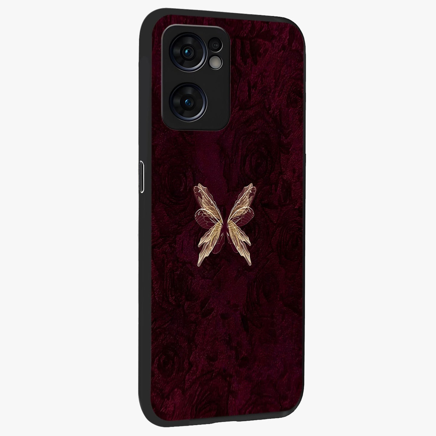 Crimson Fade Butterfly Glass Case upright view showcasing graceful butterfly artwork with soft crimson fade effect.