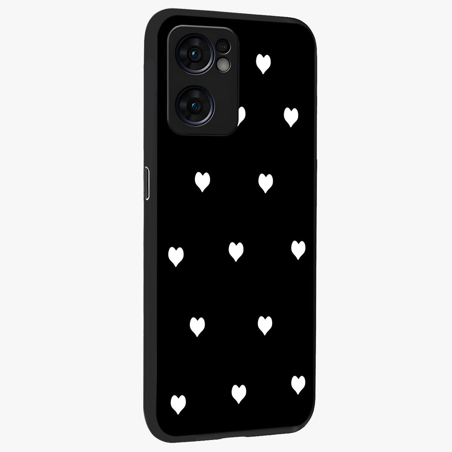 Cute And Simple White Hearts Glass Case upright view showcasing simple white hearts artwork with soft minimal theme.