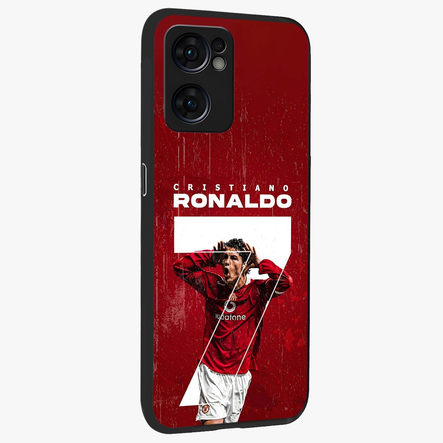 Goal Celebration Legacy Glass Case upright view showcasing dynamic football inspired artwork with victory celebration aesthetic.