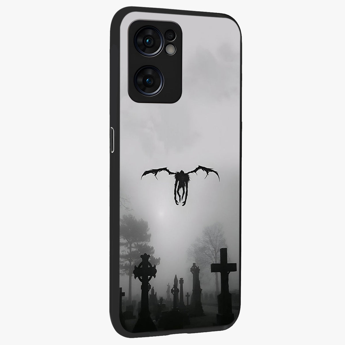 Graveyard Shadow Descent Glass Case upright view showcasing haunting graveyard artwork with dramatic dark theme.