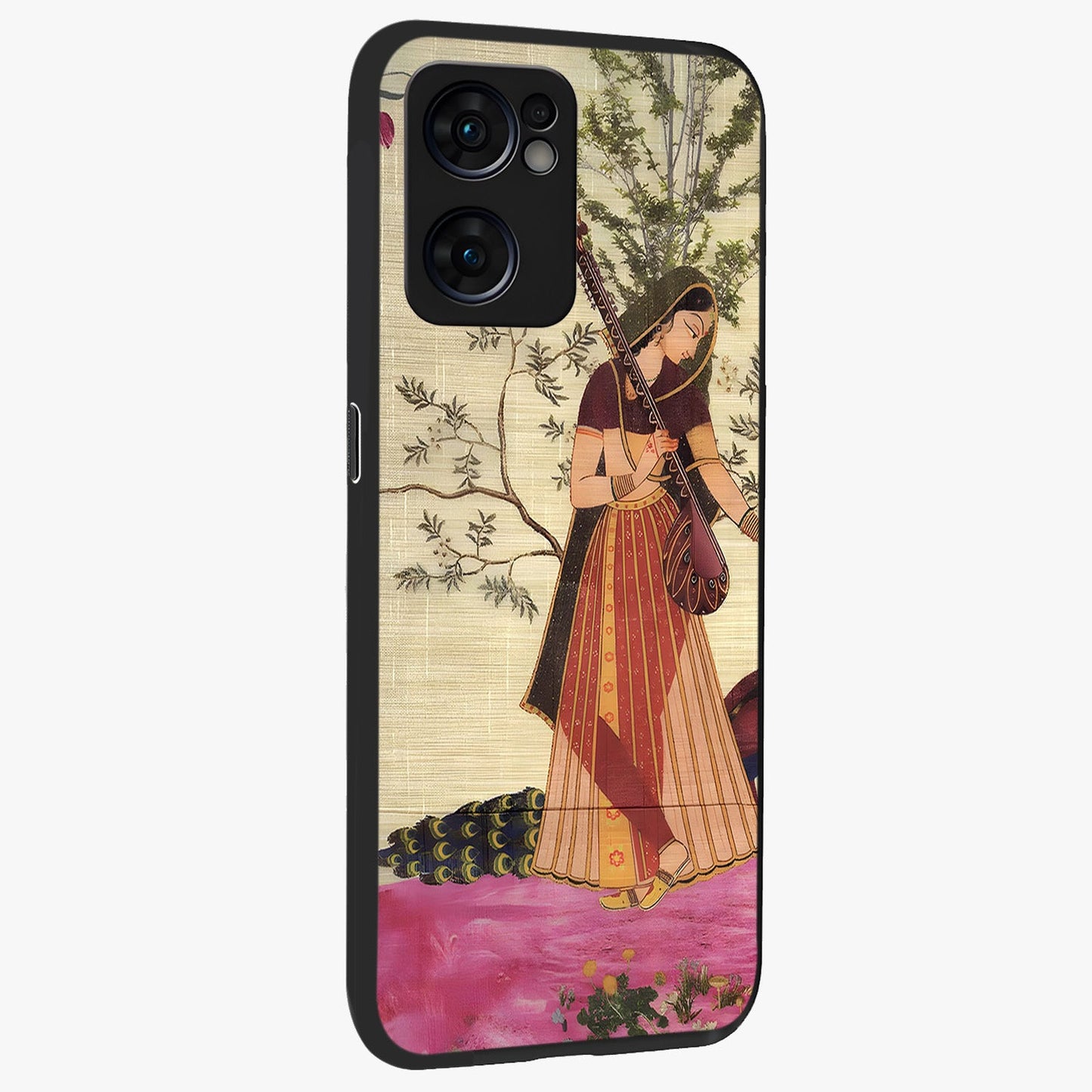 Lady With Veena Art Glass Case upright view showcasing classical veena artwork with traditional artistic theme.