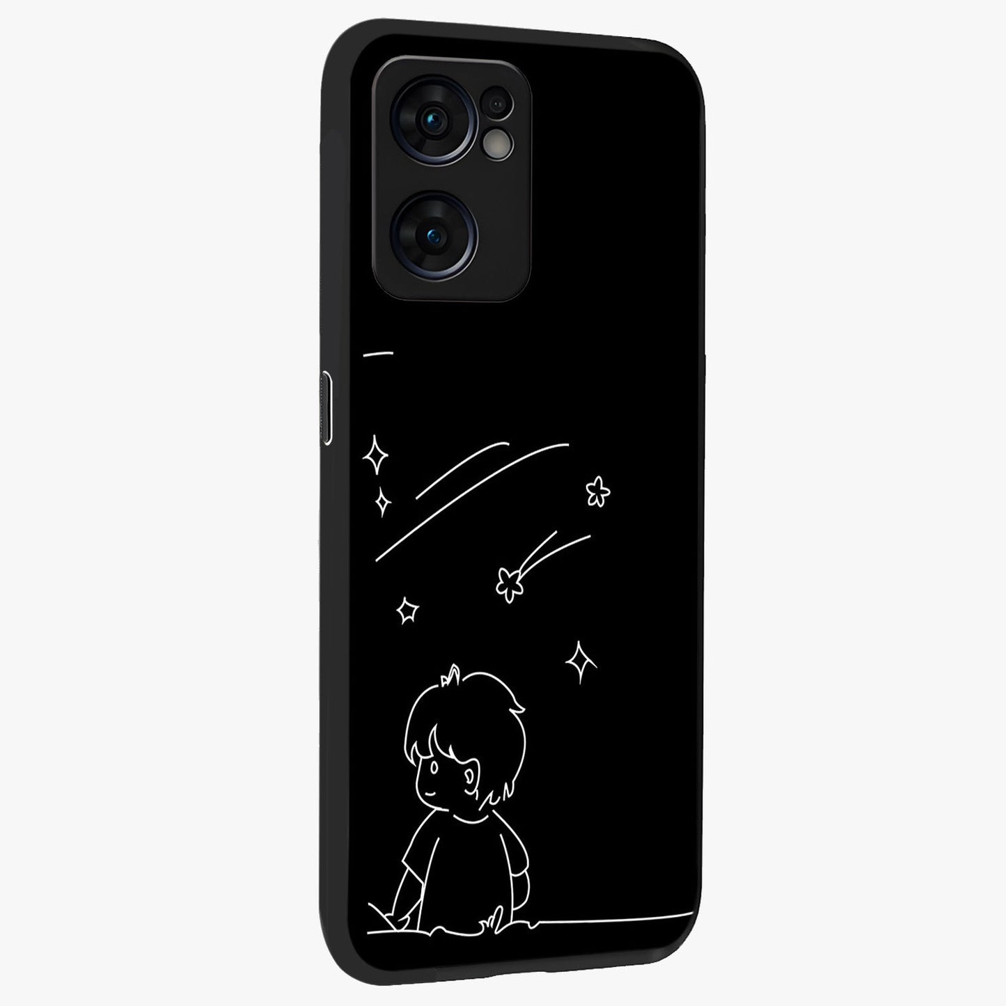 Line Art Boy With Shooting Stars Glass Case upright view showcasing artistic shooting star illustration with minimal style.