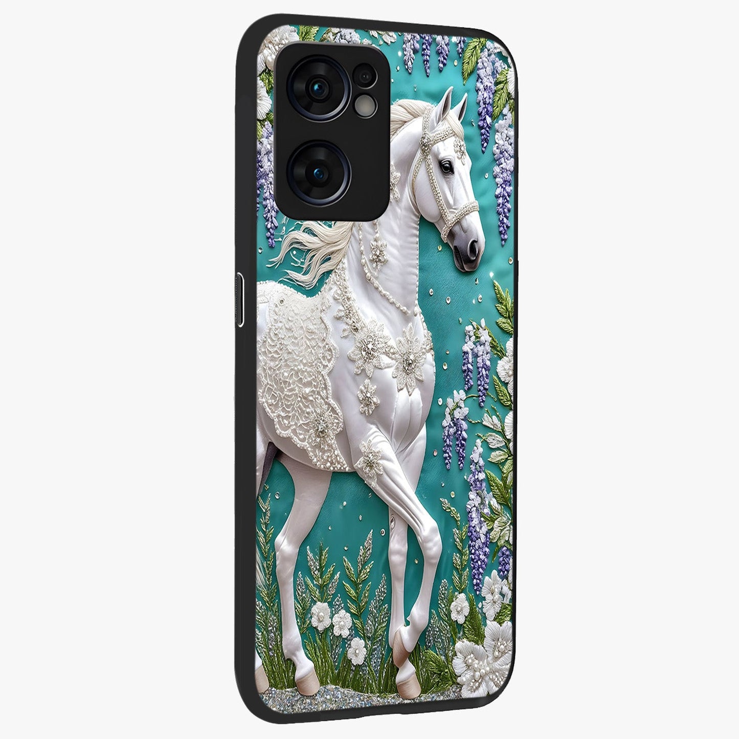 Majestic Floral Stallion Glass Case upright view showcasing dramatic horse artwork with decorative floral theme.