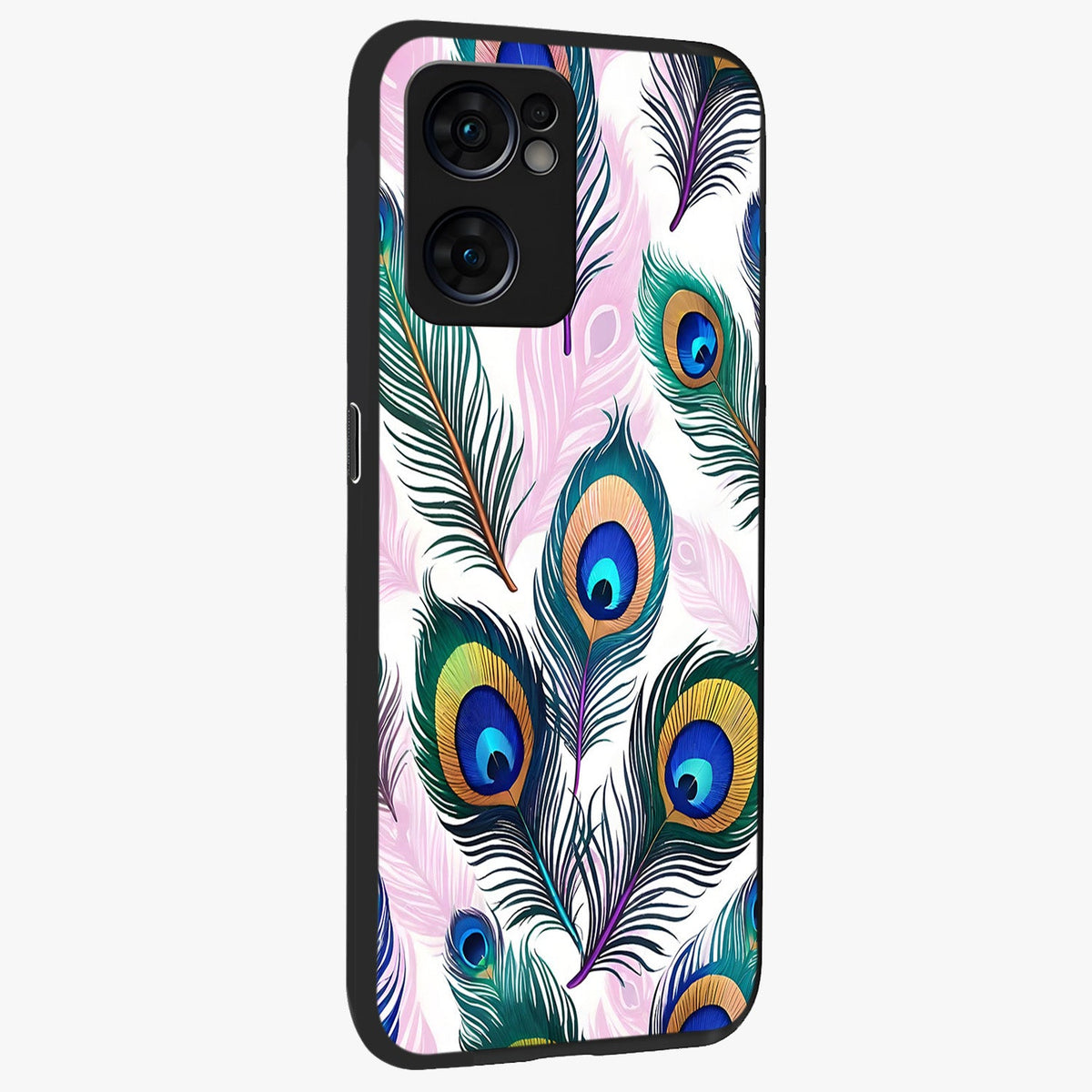 Royal Peacock Feathers Glass Case upright view showcasing elegant peacock feather artwork with decorative royal theme.