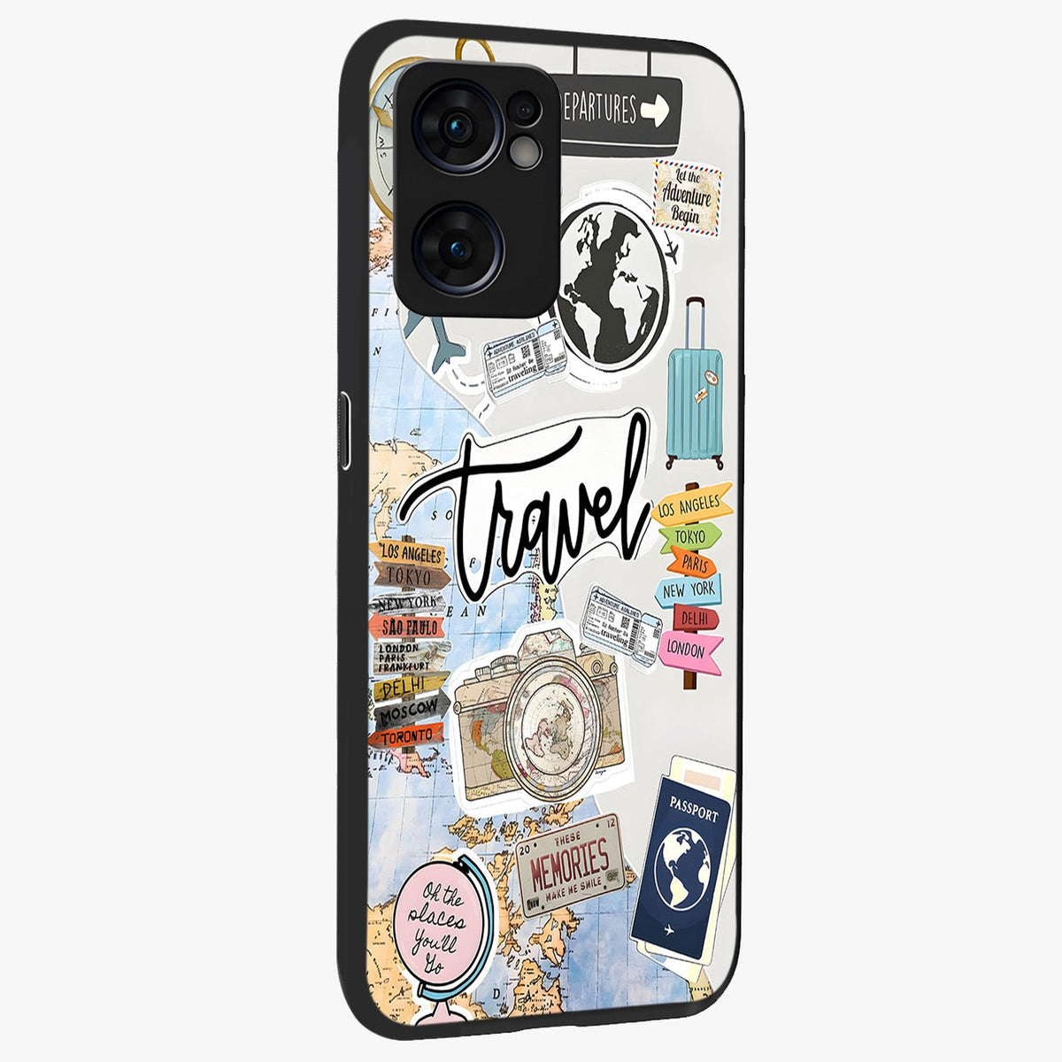 Wanderlust Journal Glass Case upright view showcasing wanderlust inspired artwork with creative exploration theme.