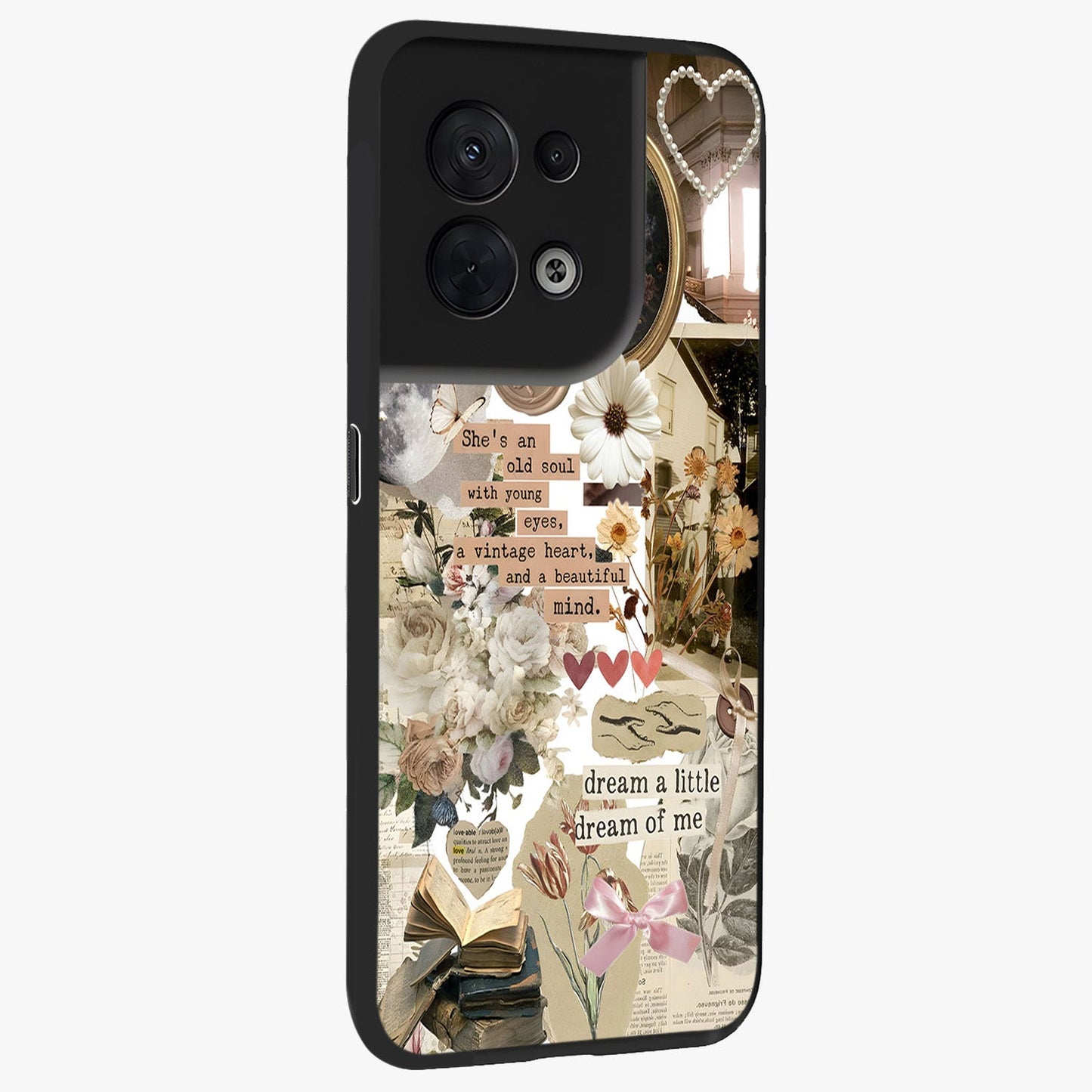 Aesthetic Brown Vintage Collage Glass Case upright view showcasing nostalgic retro artwork with stylish vintage theme.