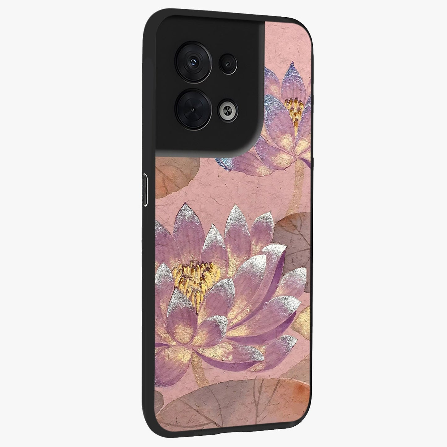 Blossom Mist Lotus Glass Case upright view showcasing graceful lotus flower design with peaceful botanical style.