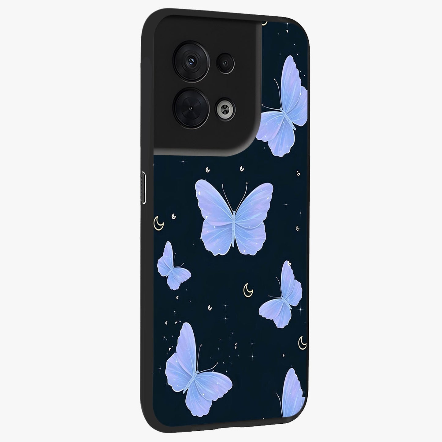 Butterfly With Stars Pattern Glass Case upright view showcasing celestial butterfly artwork with sparkling star elements.