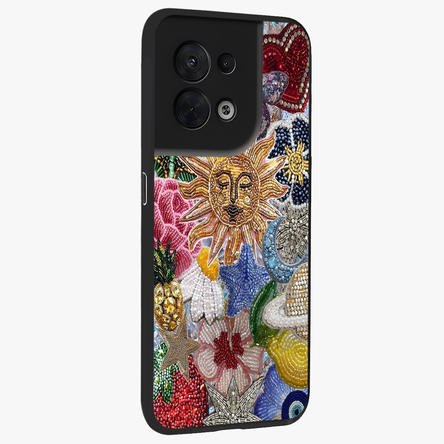 Celestial Floral and Playful Glass Case upright view showcasing whimsical floral artwork with cosmic aesthetic theme.