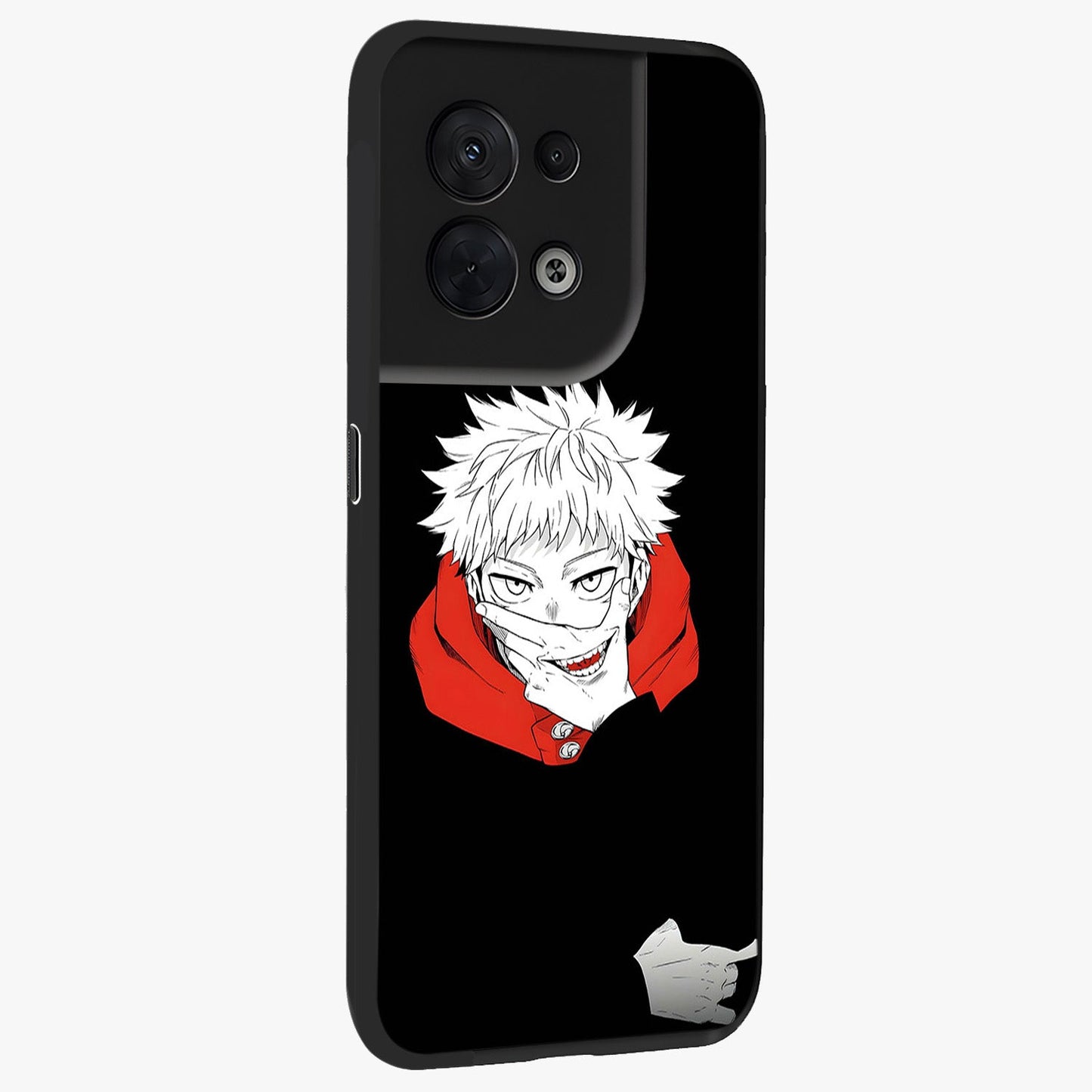 Crimson Chaos Smile Glass Case upright view showcasing expressive chaotic artwork with striking visual theme.