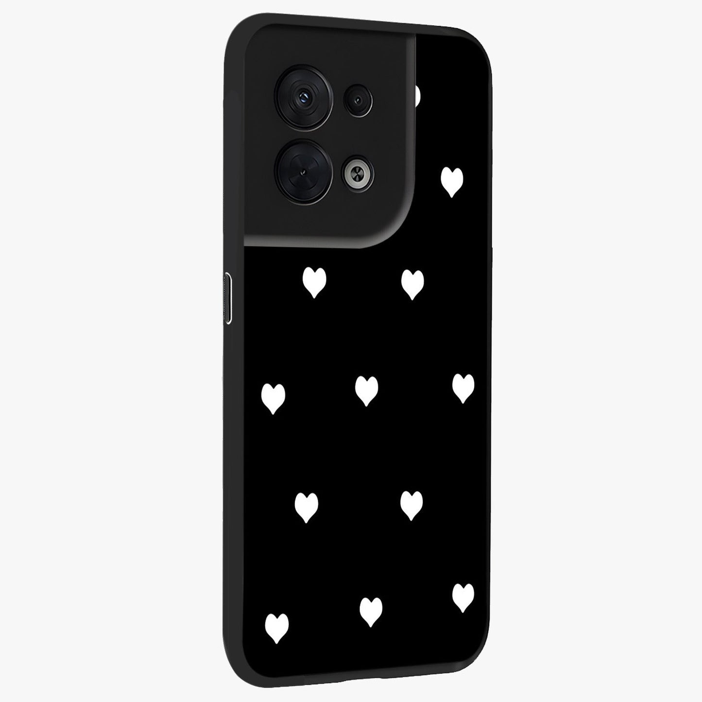 Cute And Simple White Hearts Glass Case upright view showcasing simple white hearts artwork with soft minimal theme.