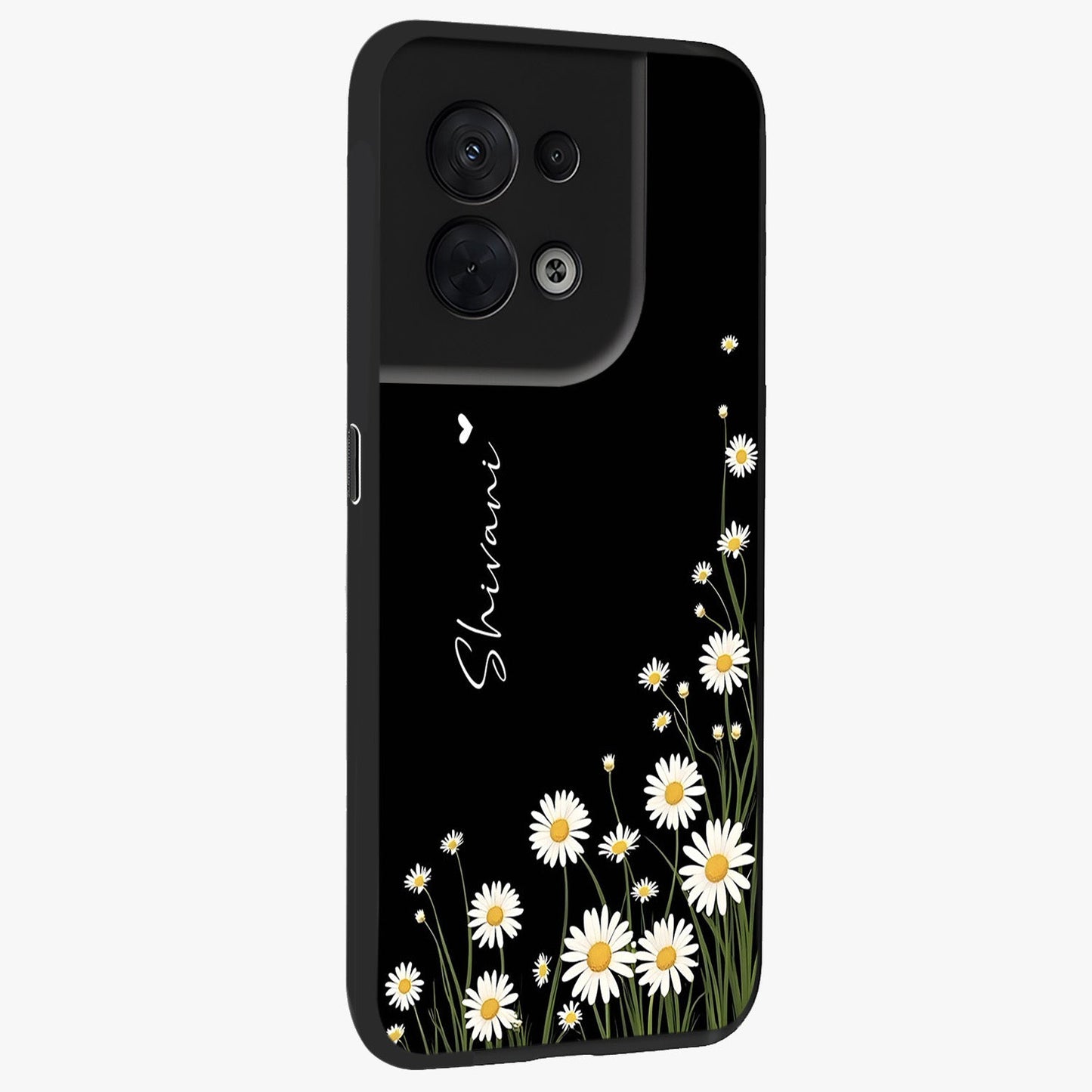 Daisy Cascade Custom Name Glass Case upright view showcasing elegant floral cascade design with personalized aesthetic.