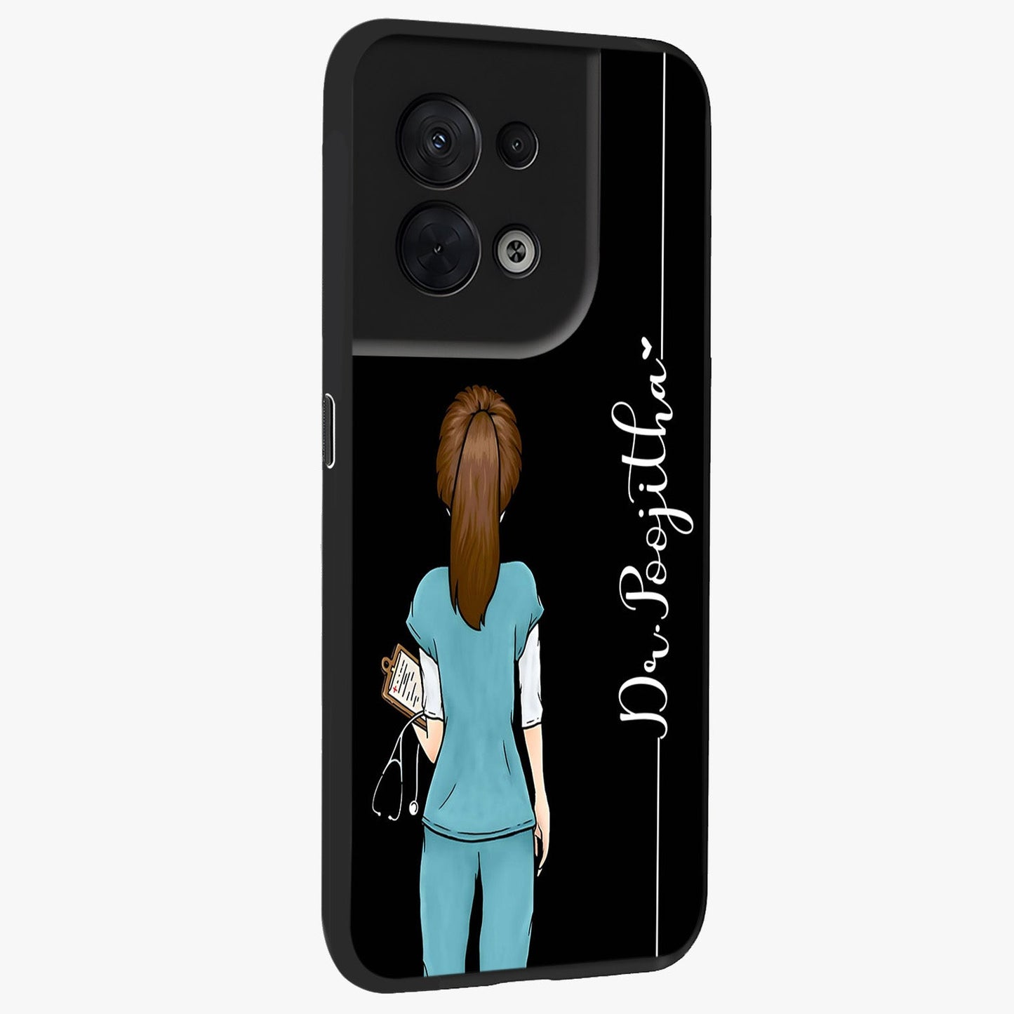 Doctor Pattern Custom Name Glass Case upright view showcasing healthcare themed design with personalized aesthetic.