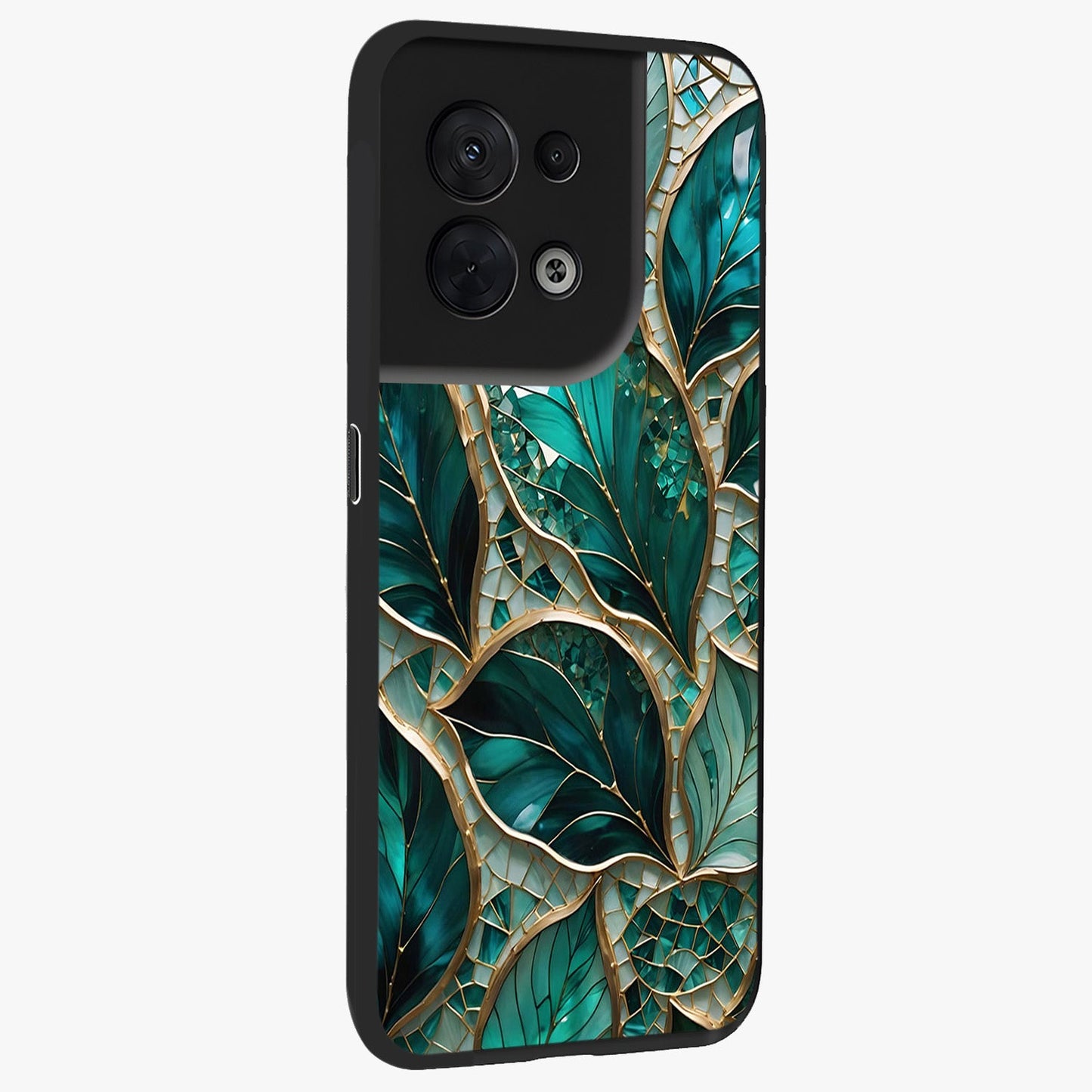 Emerald Leaf Glass Glass Case upright view showcasing fresh green leaf artwork with calming nature inspired style.