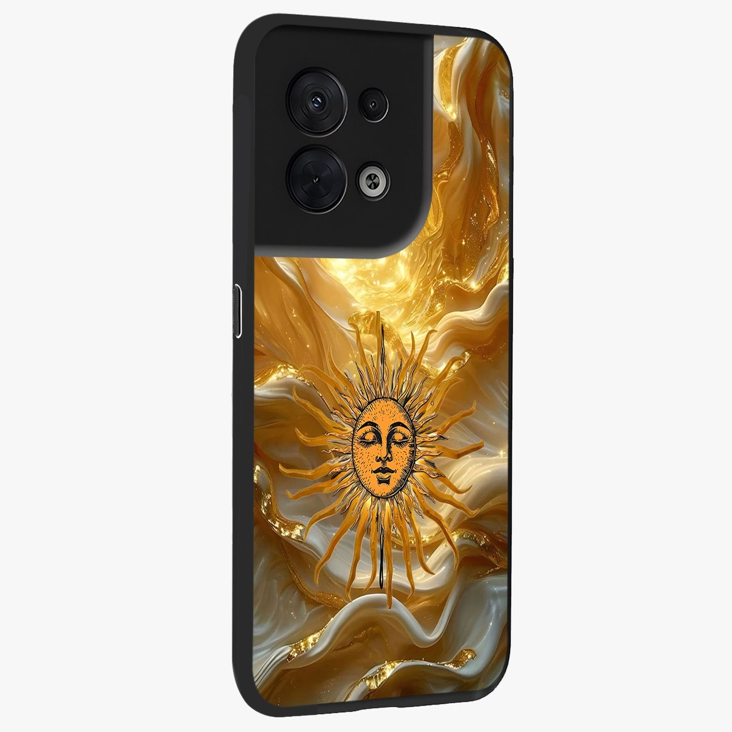 Eternal Golden Glow Glass Case upright view showcasing luminous golden artwork with luxurious visual theme.