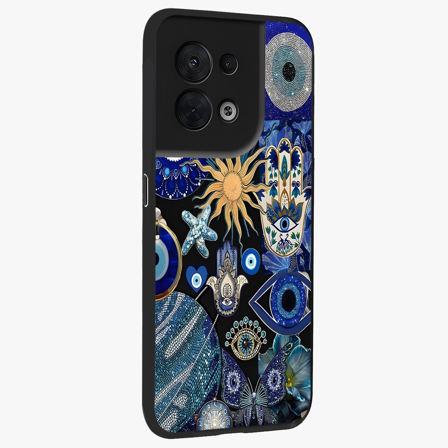 Evil Eye Charm Mix Glass Case upright view showcasing mystical evil eye pattern with vibrant decorative style.