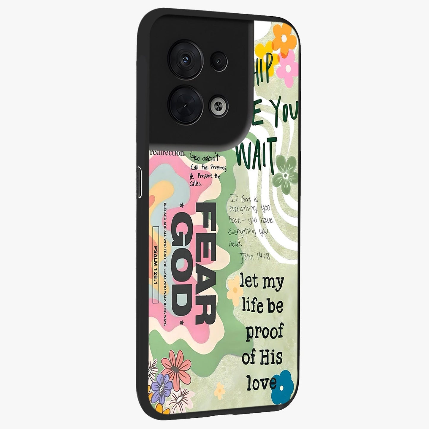 Faith Over Fear Glass Case upright view showcasing bold typography artwork with uplifting motivational theme.