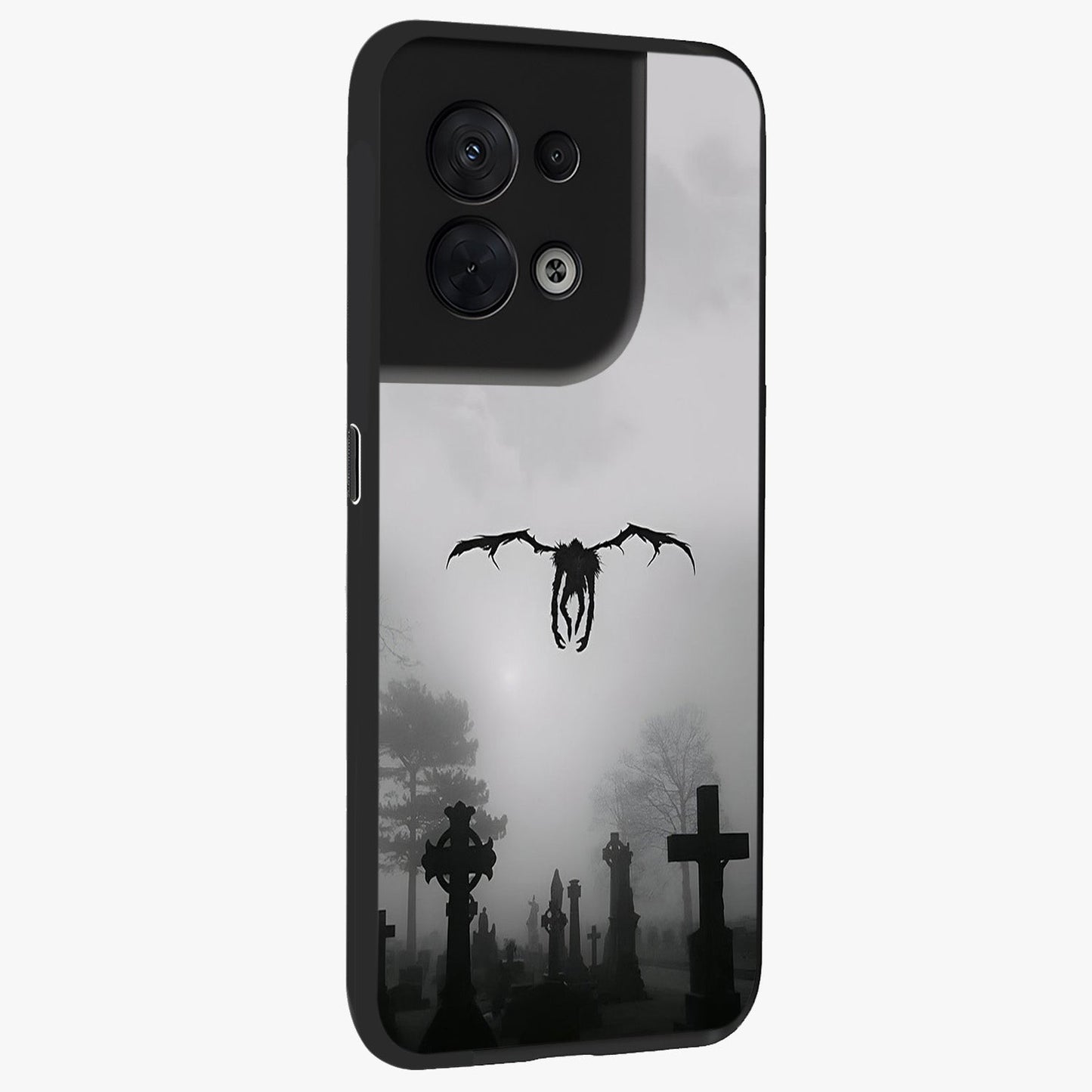 Graveyard Shadow Descent Glass Case upright view showcasing haunting graveyard artwork with dramatic dark theme.