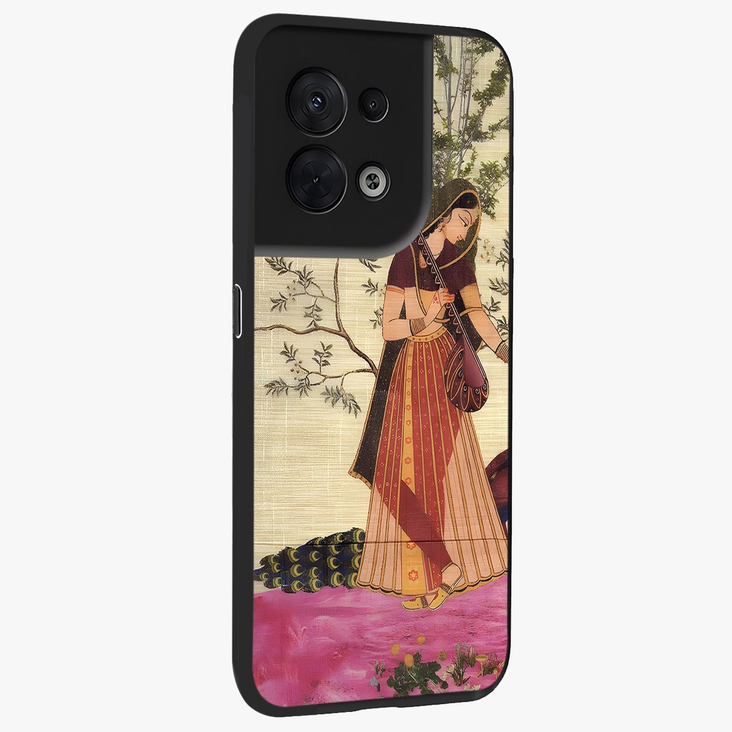 Lady With Veena Art Glass Case upright view showcasing classical veena artwork with traditional artistic theme.