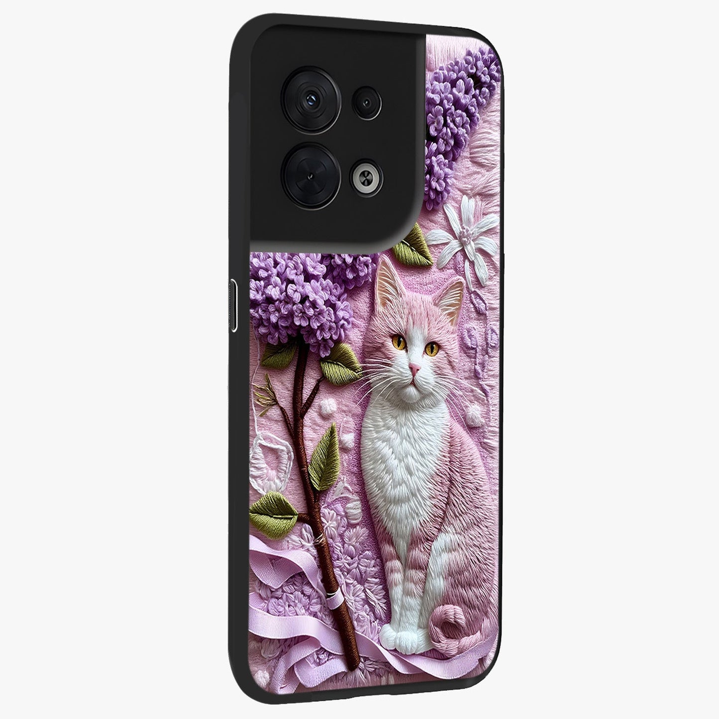 Lavender Cat Whimsy Glass Case upright view showcasing charming cat artwork with whimsical lavender theme.