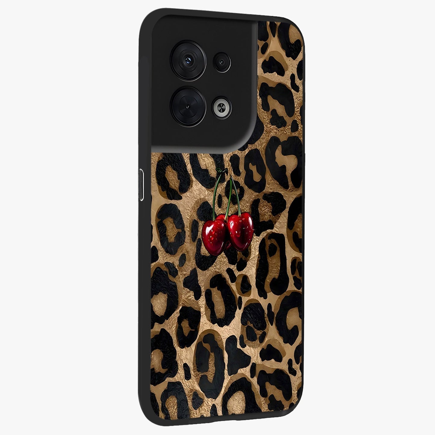 Leopard Wild Cherry Glass Case upright view showcasing stylish leopard pattern artwork with trendy fashion theme.