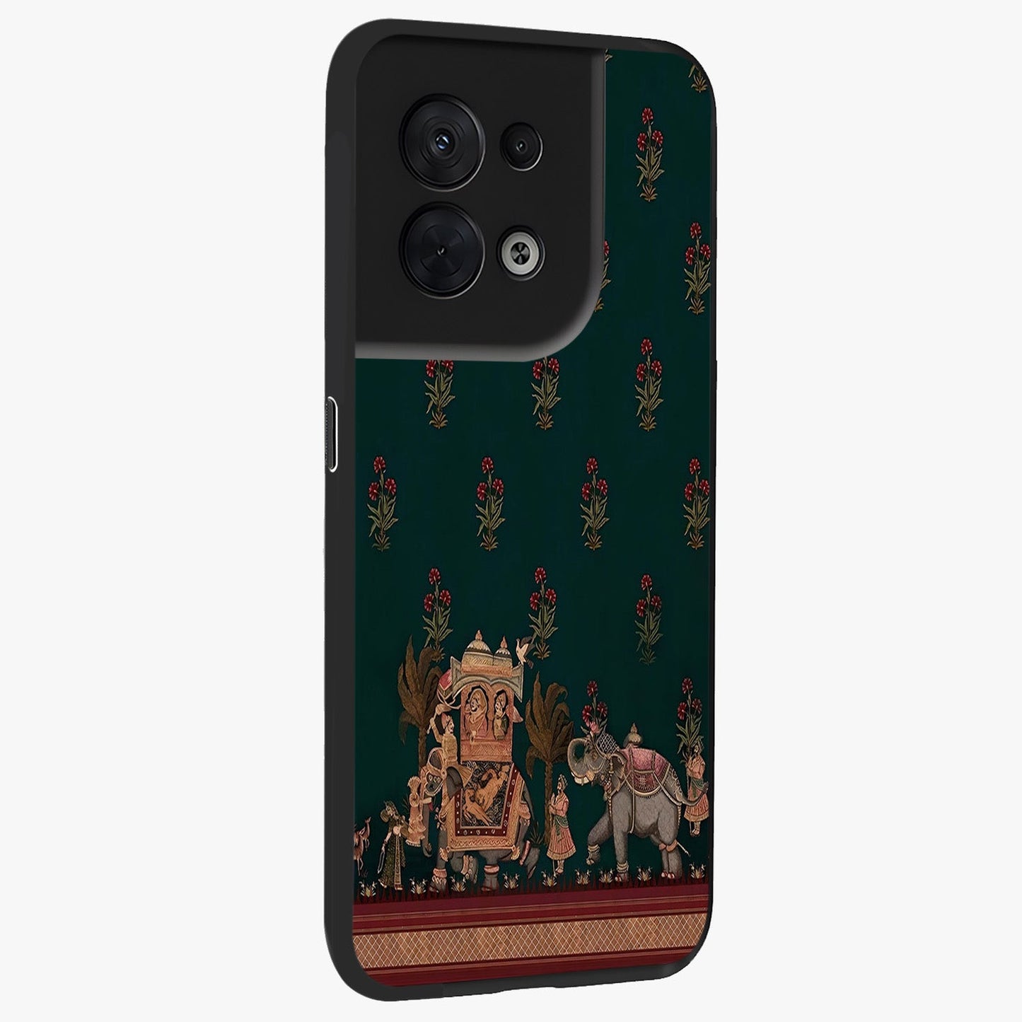 Macmerise Glass Case upright view showcasing bold artistic artwork with contemporary design theme.