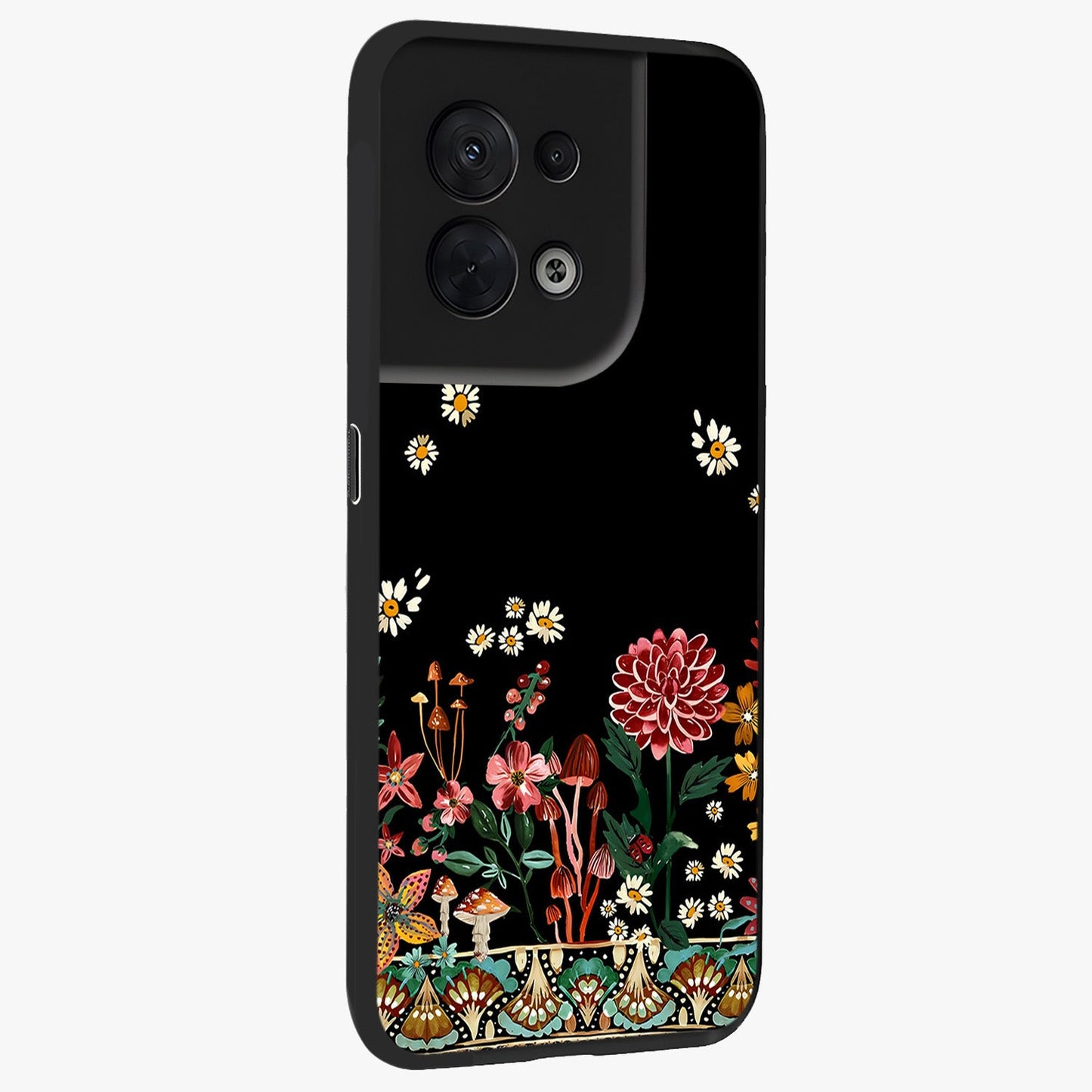 Midnight Bloom Pattern Glass Case upright view showcasing decorative floral artwork with deep night themed palette.