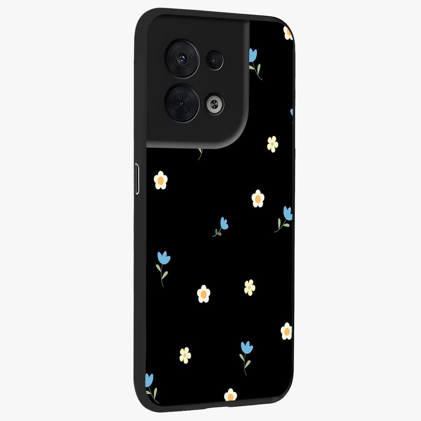 Minimal Petal Whispers Glass Case upright view showcasing elegant floral artwork with modern minimalist style.