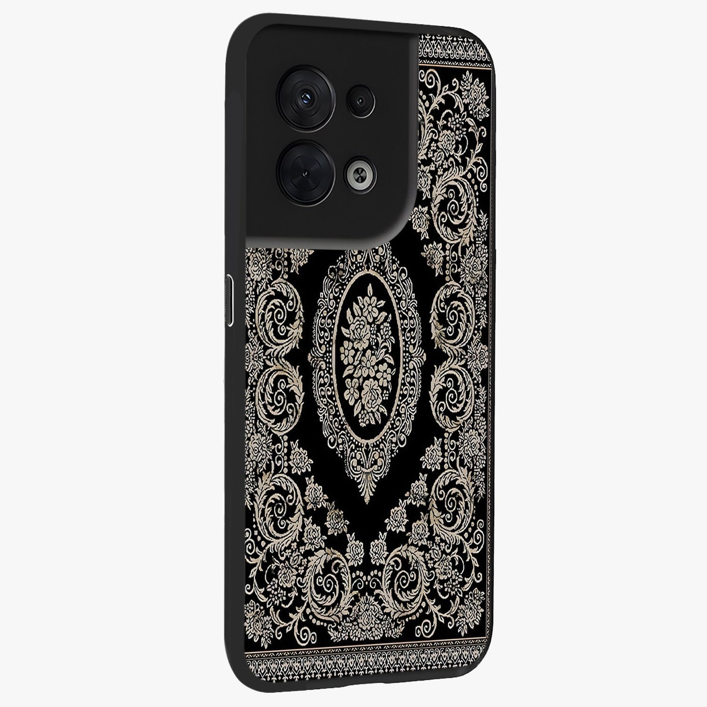 Noir Bloom Elegance Glass Case upright view showcasing graceful floral artwork with luxurious dark theme.