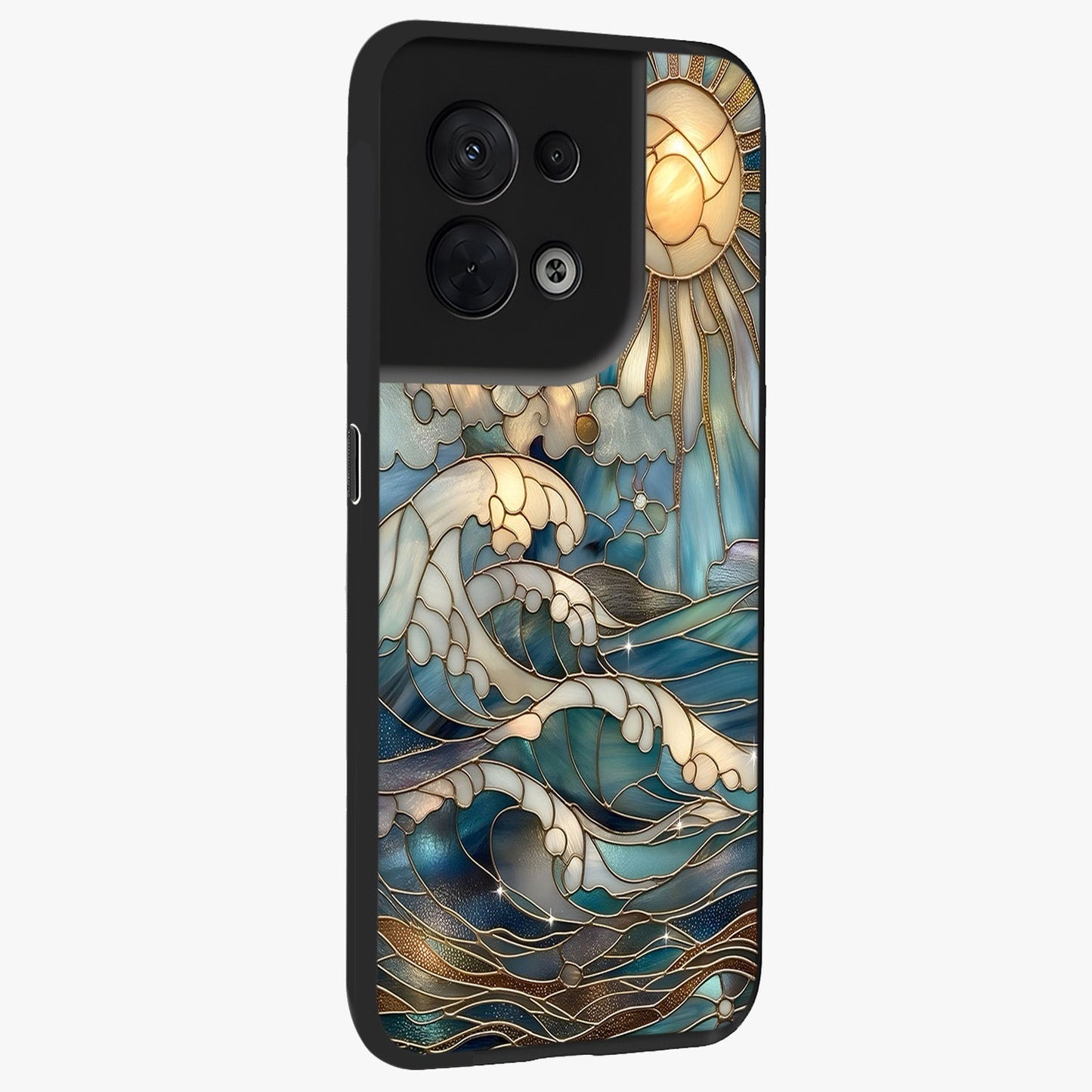 Oceanic Stained Printed Glass Case upright view showcasing decorative ocean pattern artwork with vibrant marine theme.