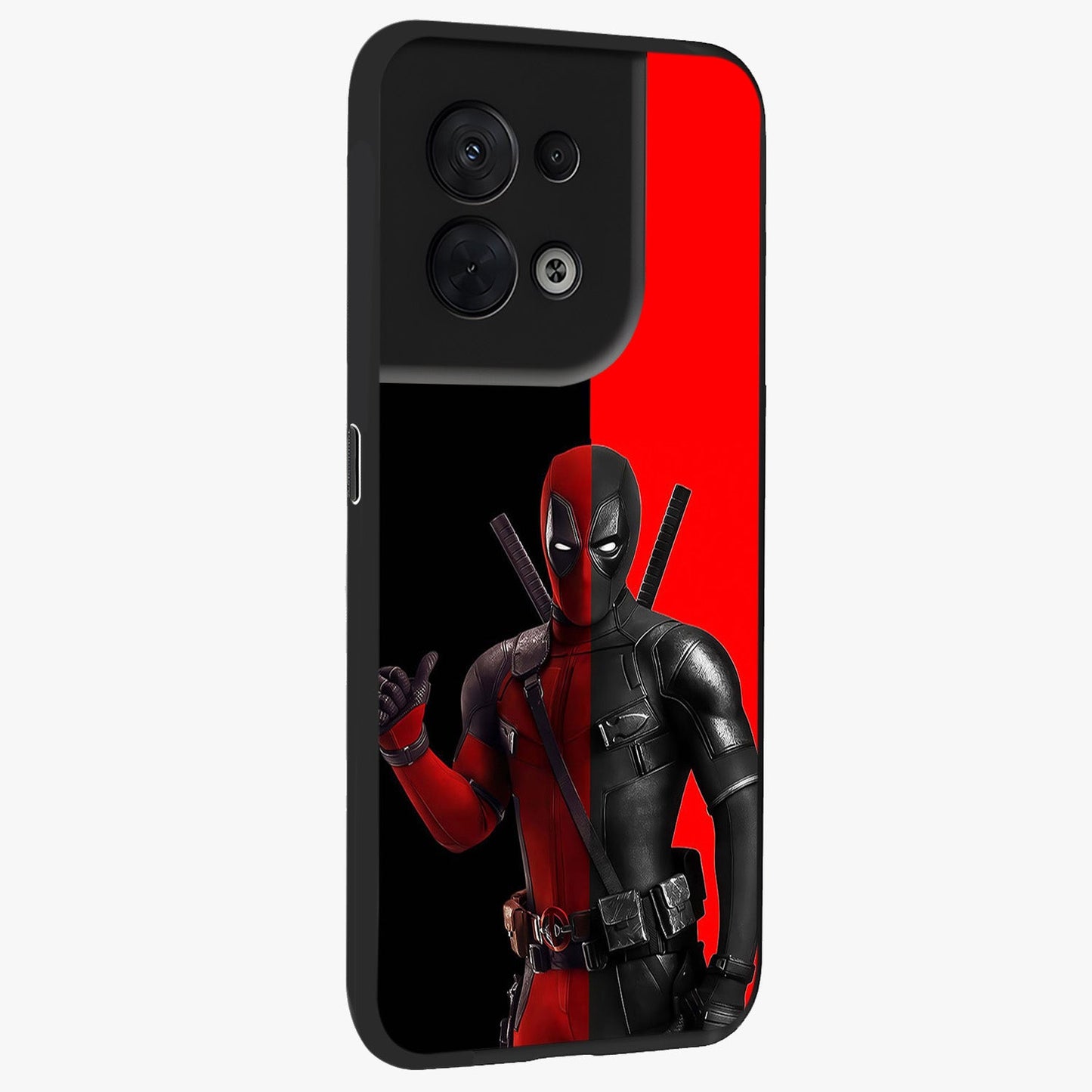 Red & Black Deadpool Theme Glass Case upright view showcasing energetic comic themed artwork with striking red and black design.