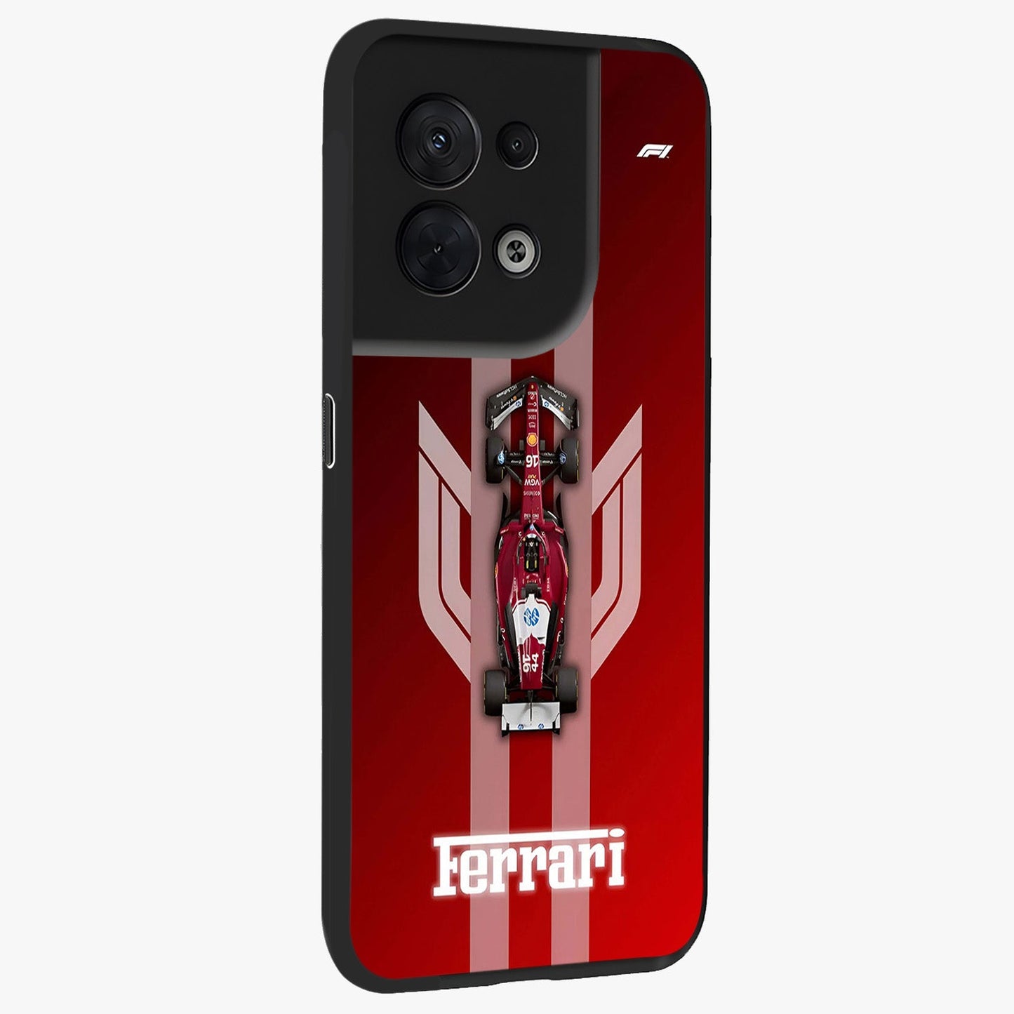 Red Ferrari F1 Vertical Glass Case upright view showcasing powerful Formula car artwork with dynamic motorsport theme.