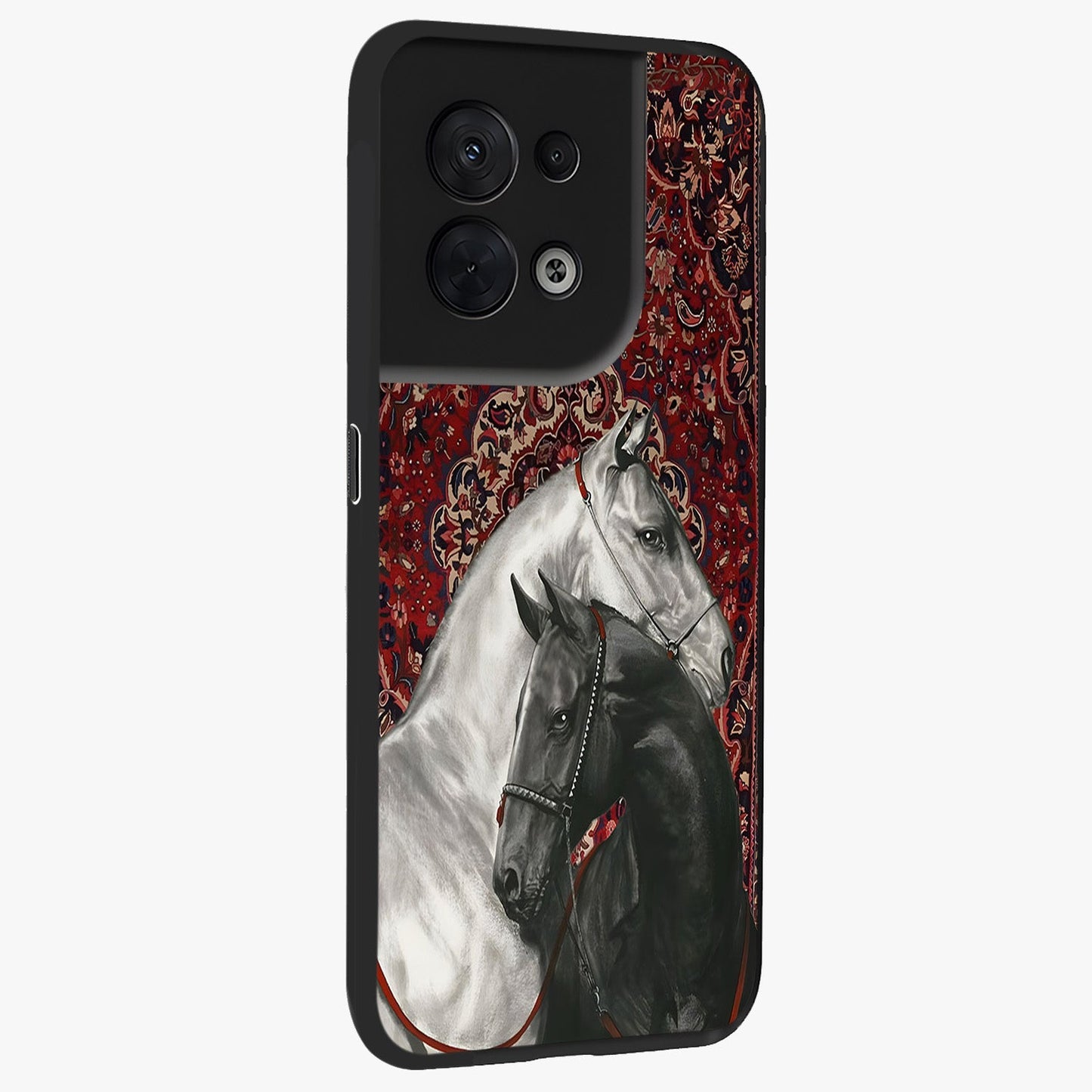 Regal Stallion Tapestry Glass Case upright view showcasing powerful horse artwork with elegant tapestry theme.