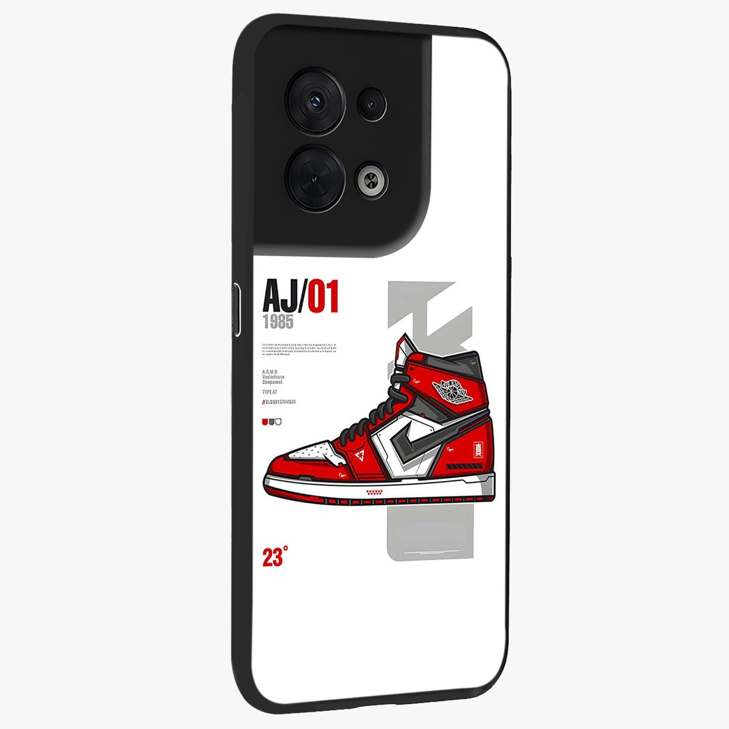 Retro Sneaker Blueprint Glass Case upright view showcasing stylish sneaker illustration with vintage streetwear theme.