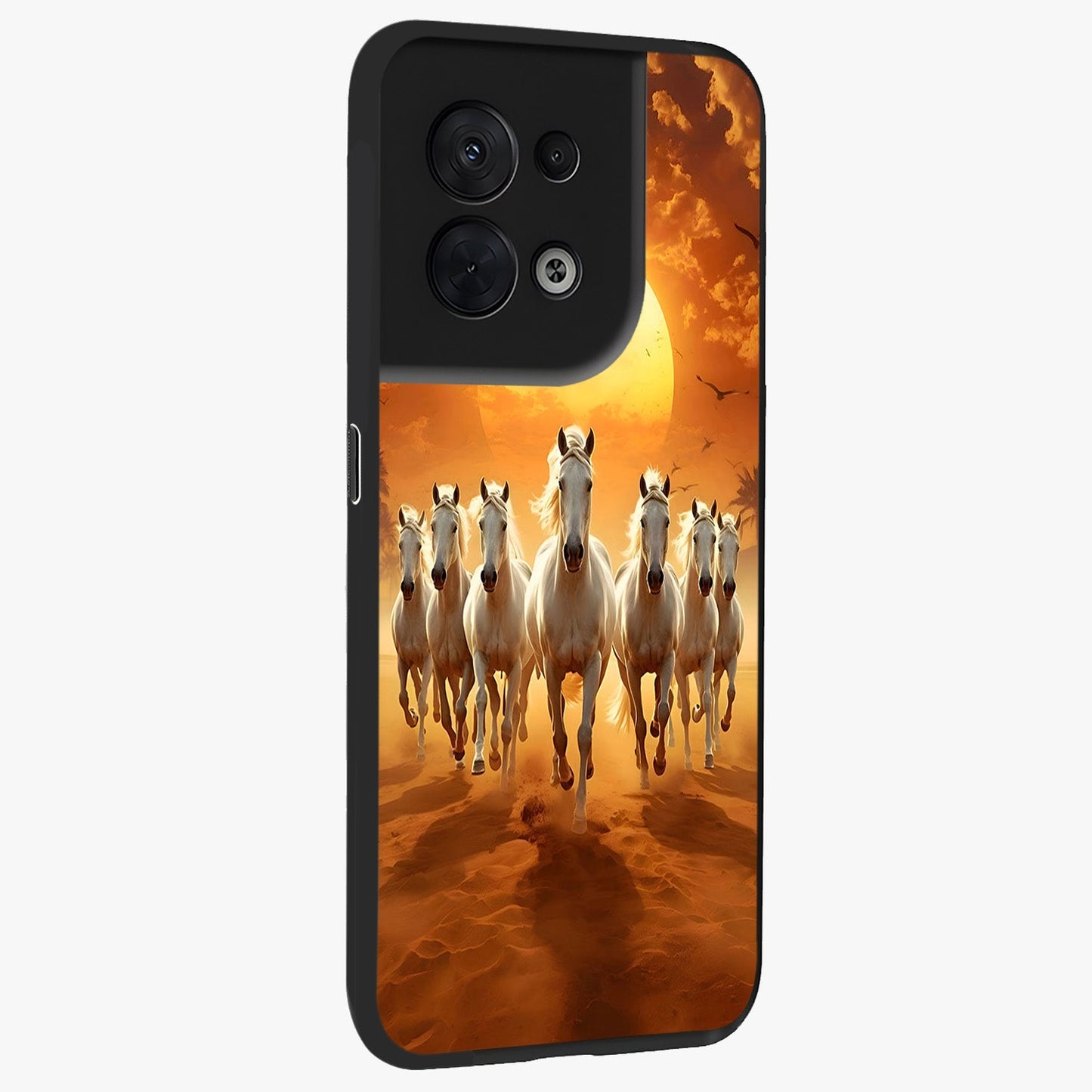 Wild Sunset Majesty Glass Case upright view showcasing dramatic sunset artwork with bold nature theme.