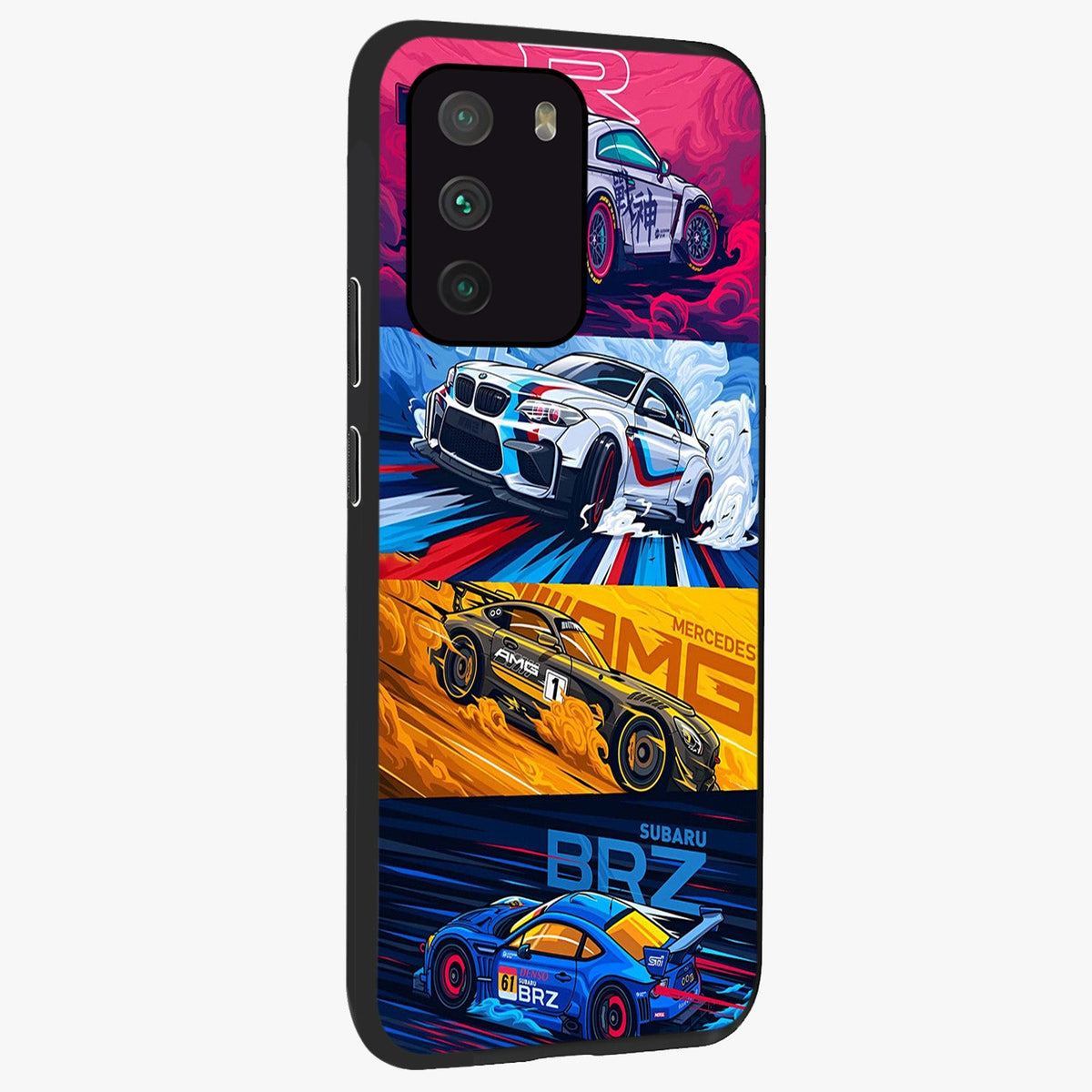 JDM Sports Car Glass Case upright view showcasing dynamic sports car artwork with bold racing theme.