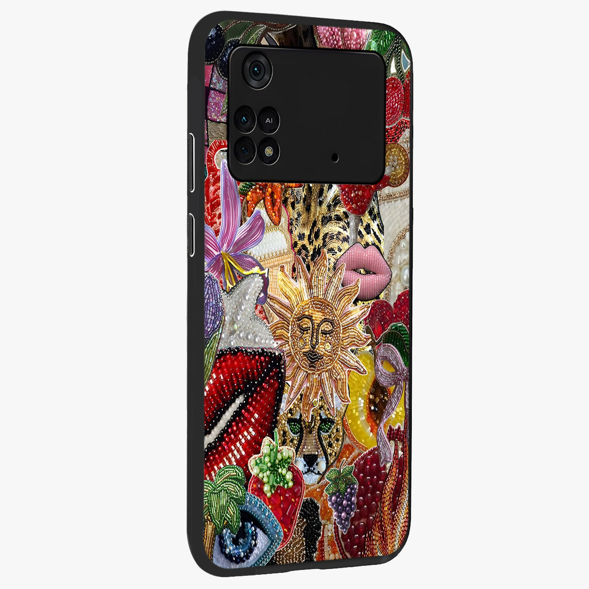 Beaded Fashion Jungle Glass Case upright view showcasing tropical jungle aesthetic with decorative bead elements.