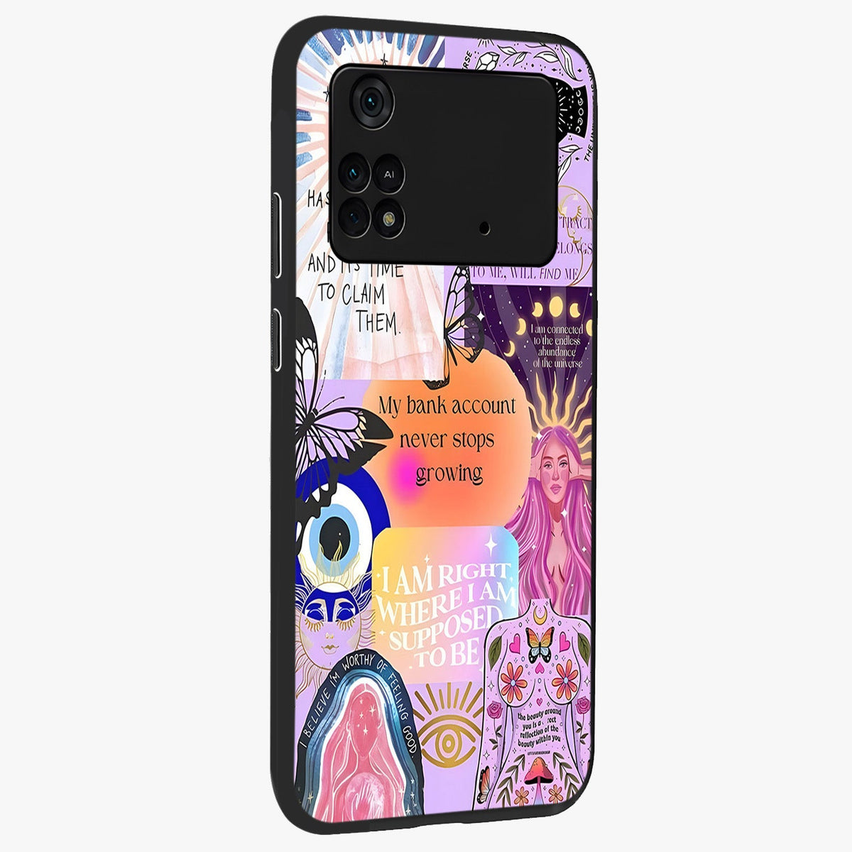 Manifestation Collage Glass Case upright view showcasing artistic manifestation themed artwork with creative style.