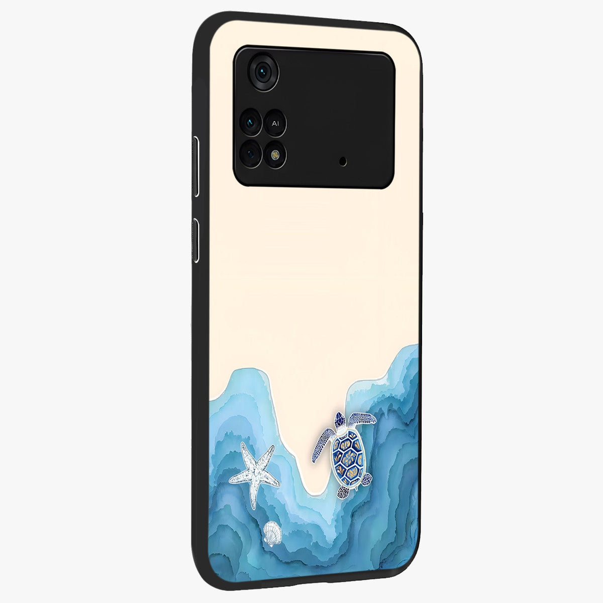 Ocean Drift Turtle Glass Case upright view showcasing calm underwater turtle artwork with nature inspired theme.