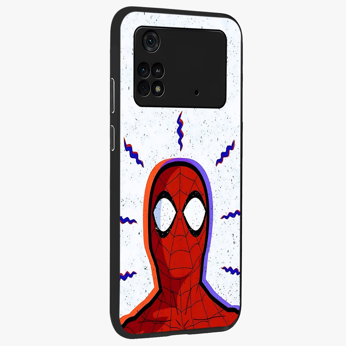 Omg Spiderman Glass Case upright view showcasing energetic superhero artwork with vibrant comic theme.