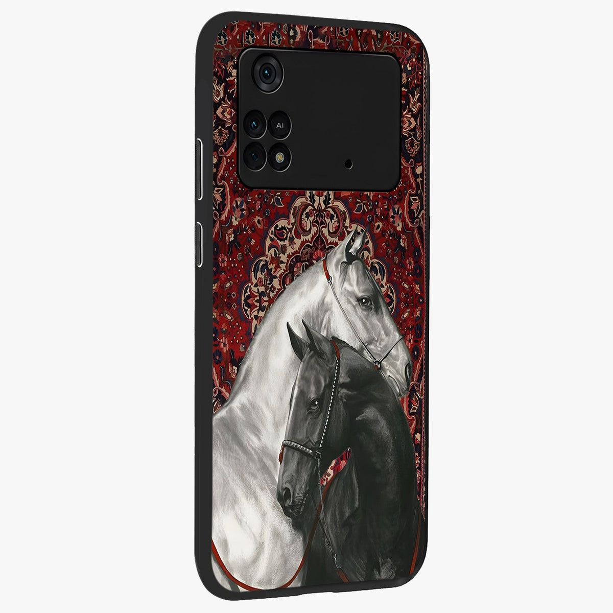 Regal Stallion Tapestry Glass Case upright view showcasing powerful horse artwork with elegant tapestry theme.
