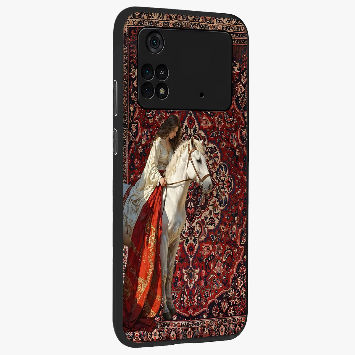 Royal Rider Tapestry Glass Case upright view showcasing detailed rider artwork with classic tapestry theme.